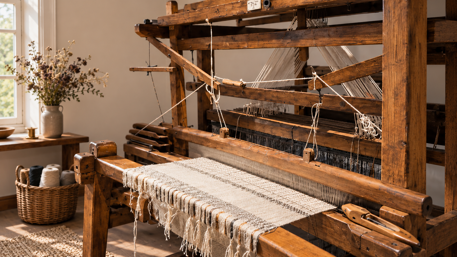 Traditional wooden hand loom illustrating Scottish textile craftsmanship at the Araminta Campbell Atelier