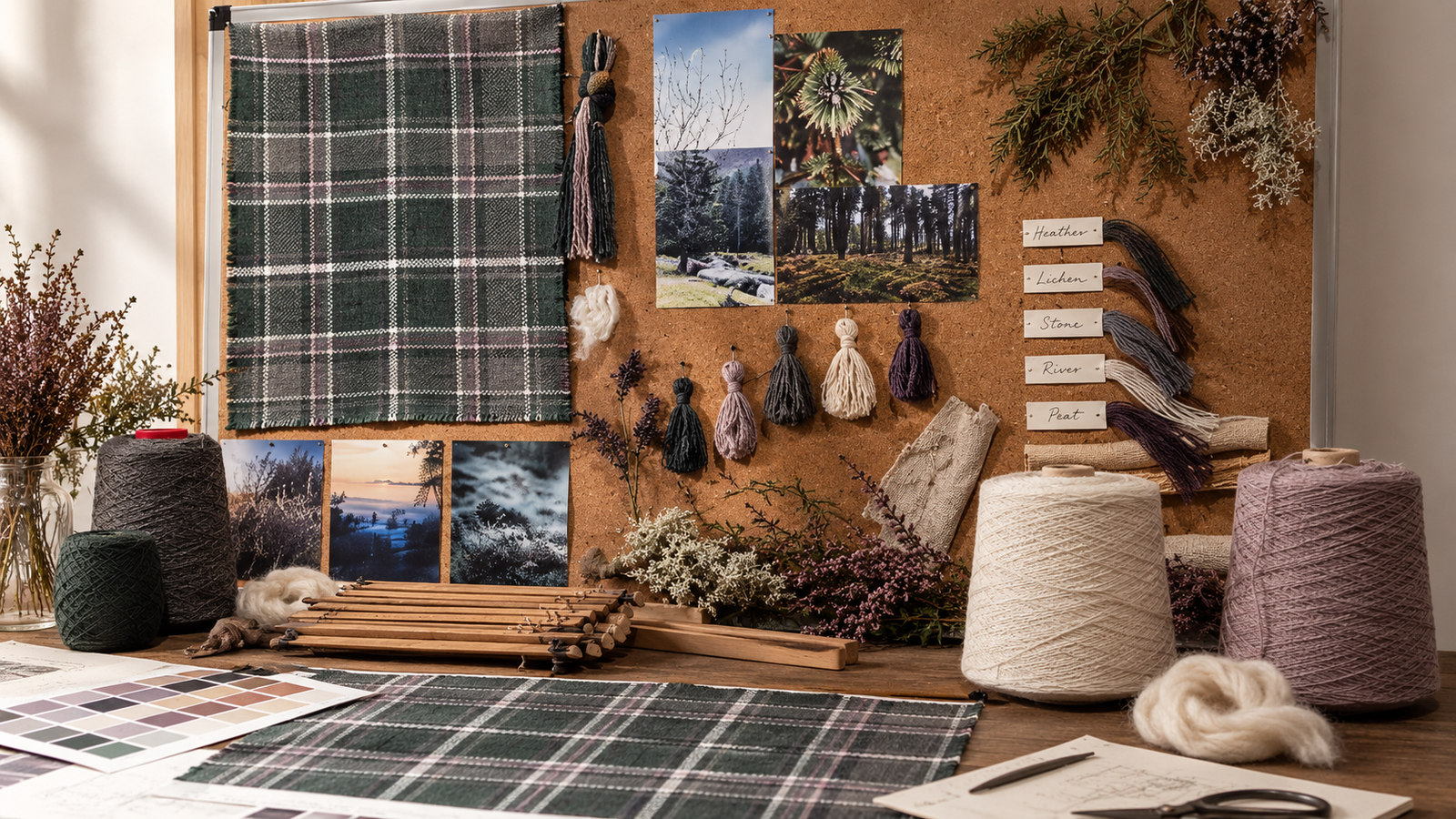 Bespoke tartan design moodboard with yarns, colour samples and Scottish landscape inspiration