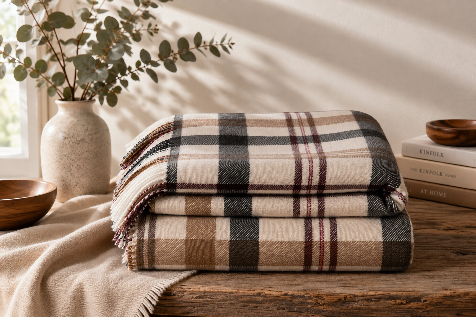 Folded tartan throws inspired by contemporary Scottish textile design and craftsmanship