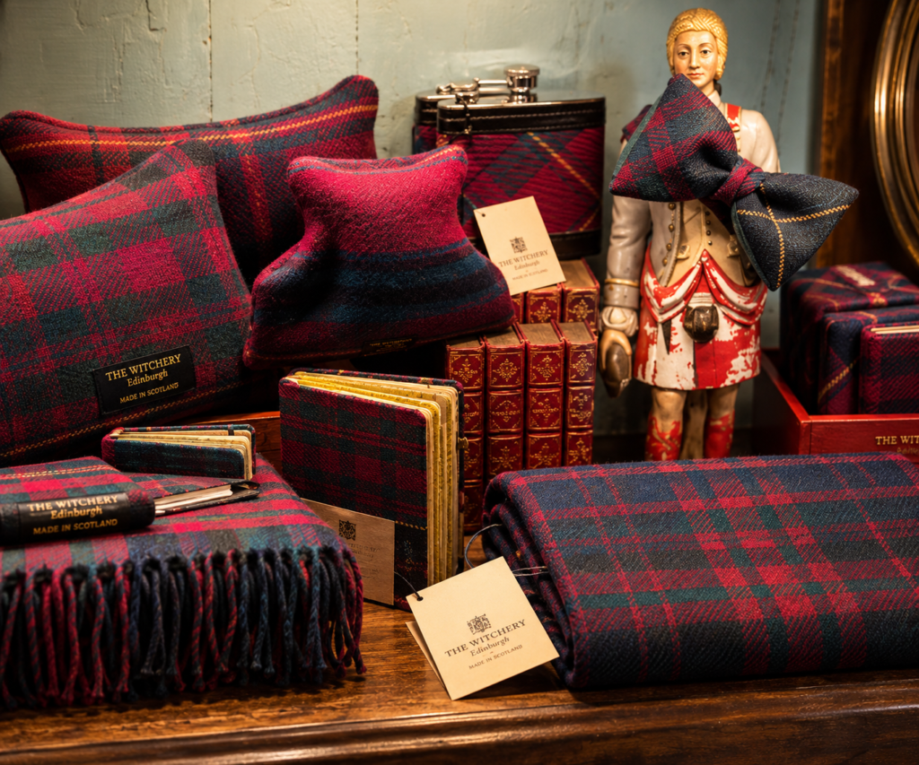 Bespoke red and charcoal Araminta Campbell tartan accessories created for The Witchery in Edinburgh